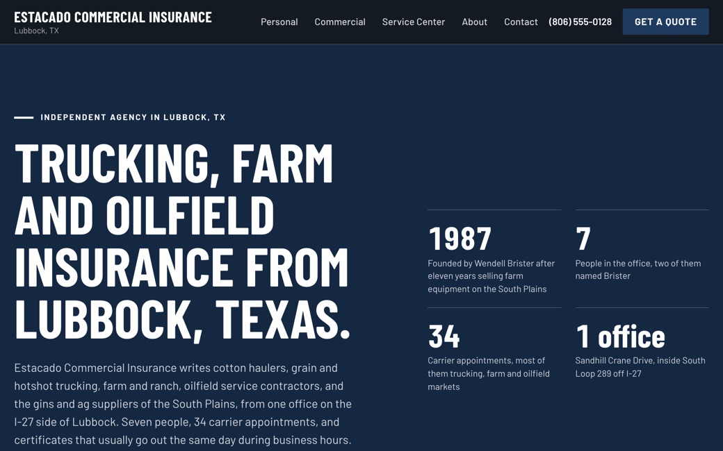 Estacado Commercial Insurance, a sample site in navy, on a laptop