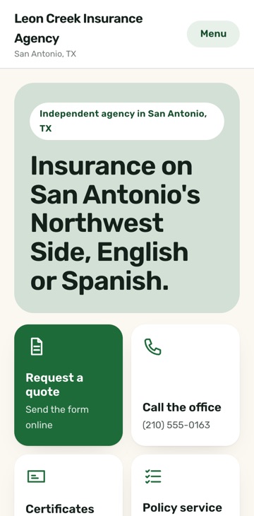 Leon Creek Insurance Agency, a sample site in green, on a phone