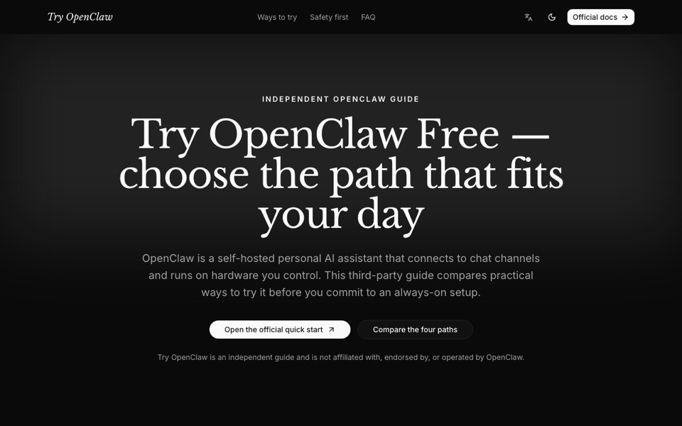 The Try OpenClaw homepage