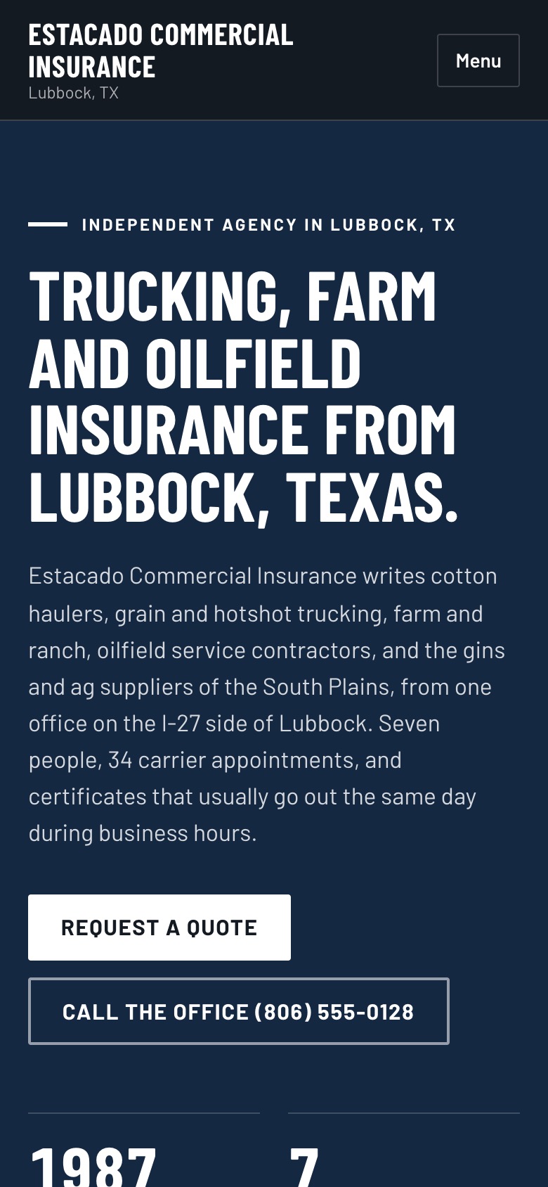 The Estacado Commercial Insurance sample site on a phone