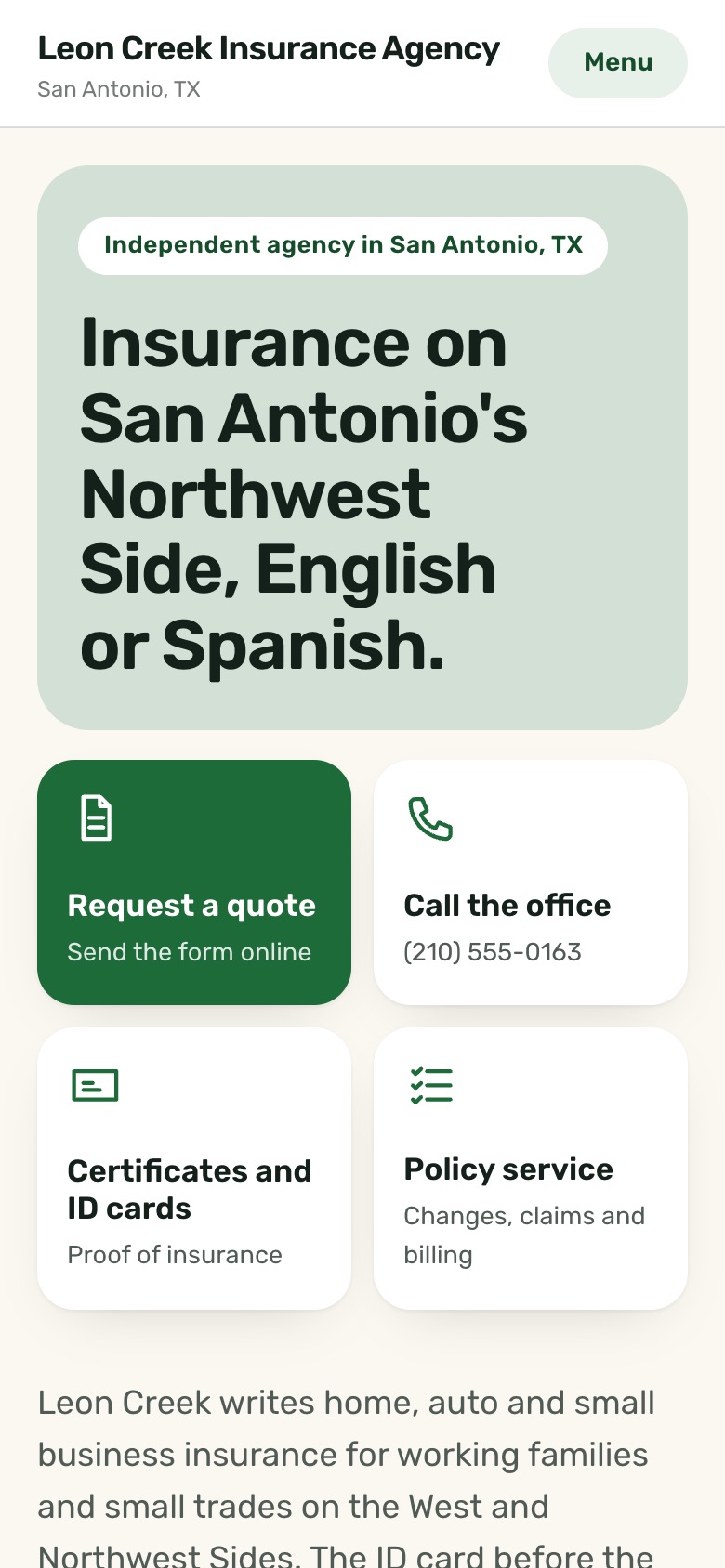 The Leon Creek Insurance Agency sample site on a phone