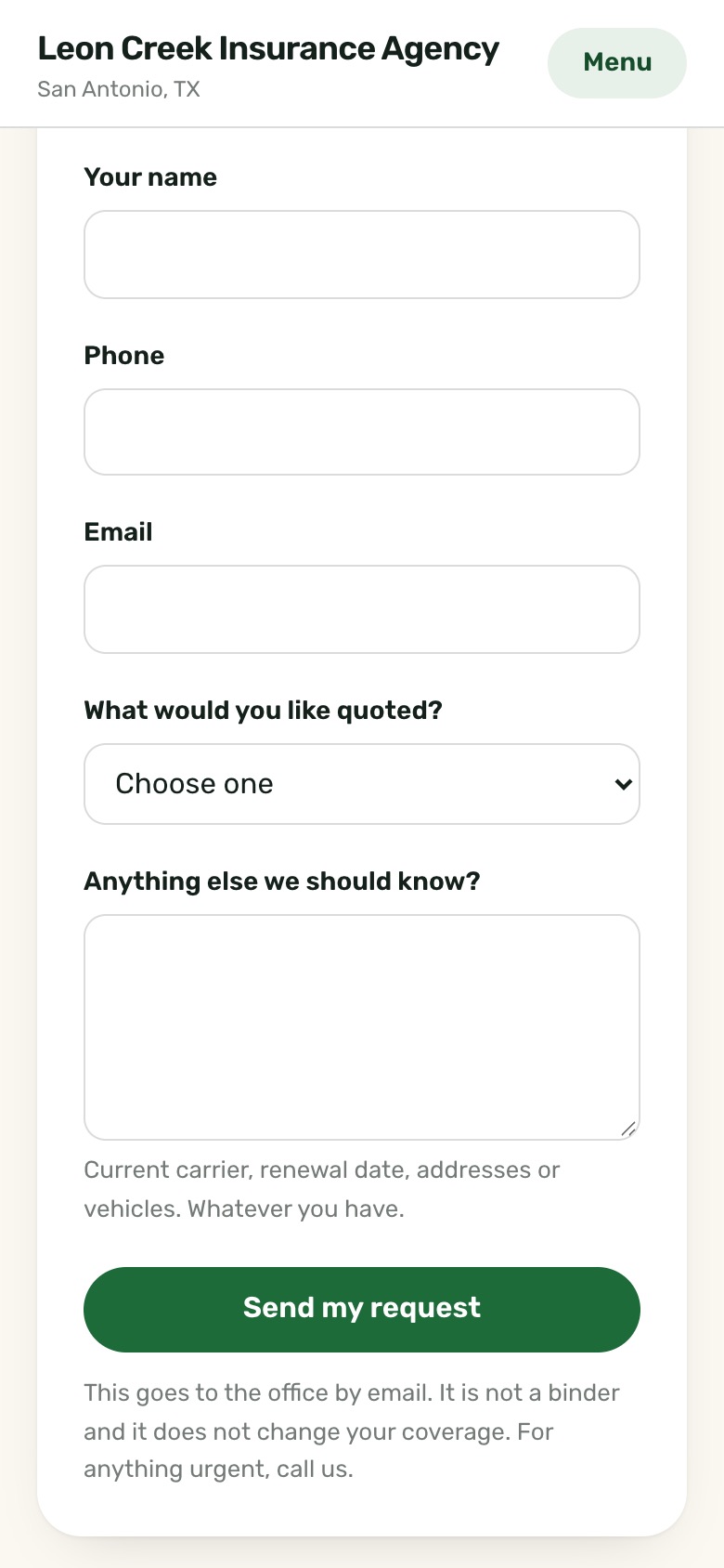 The quote request form on the Leon Creek Insurance Agency sample site, on a phone